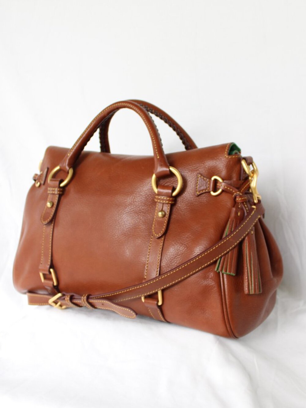 Dooney & Bourke Natural tan leather Florentine satchel tassel purse crossbody L - Picture 8 of 11